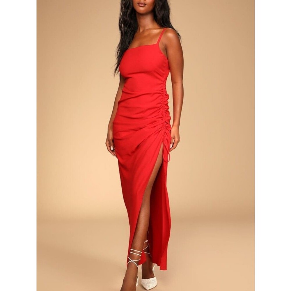 Lulus Love You Like I Do Red Ruched Drawstring Maxi Dress Size XS